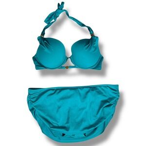 Victoria's Secret 36D Teal Halter Push Up Bikini Swimsuit Set Gold Accents Skirt